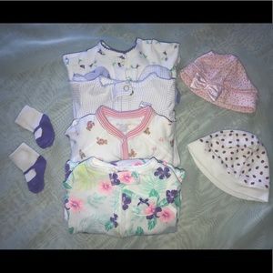 Newborn Footed Onesie Set + Socks + 2 Hats